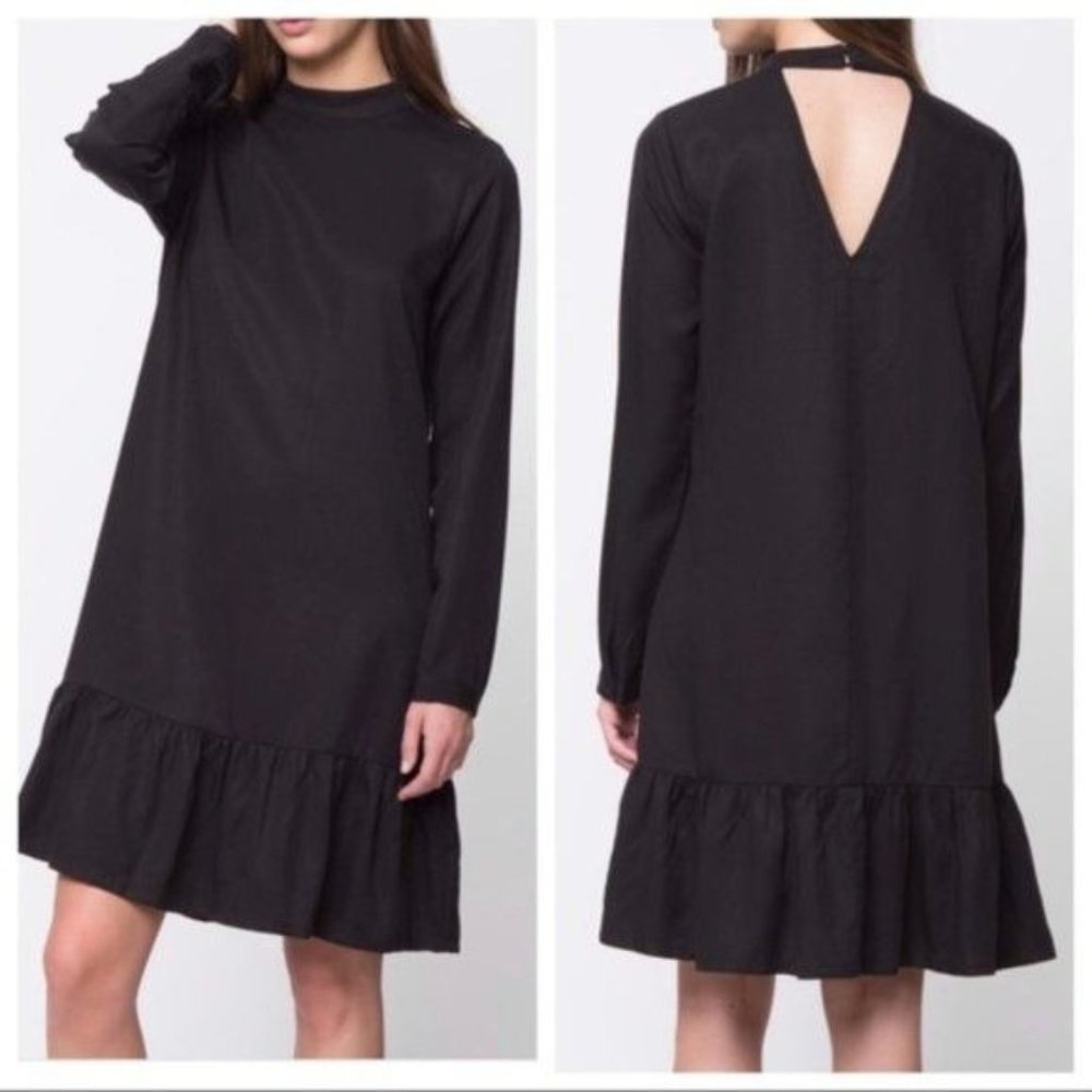 Mo.vint Black shift, ruffle hem long sleeve dress